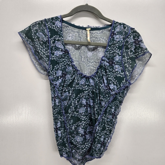 Free People Tops - Free People Oh My Baby Tee Cropped Blouse Top Smocked Cotton S Sheer Blue